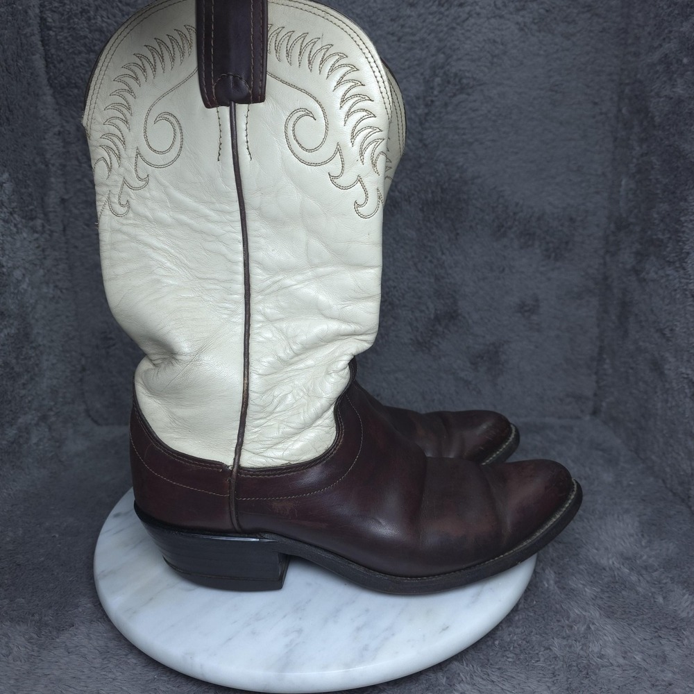 VTG Olathe Boot Company Mens Size 9.5 D Brown White Leather Western Cowboy USA
